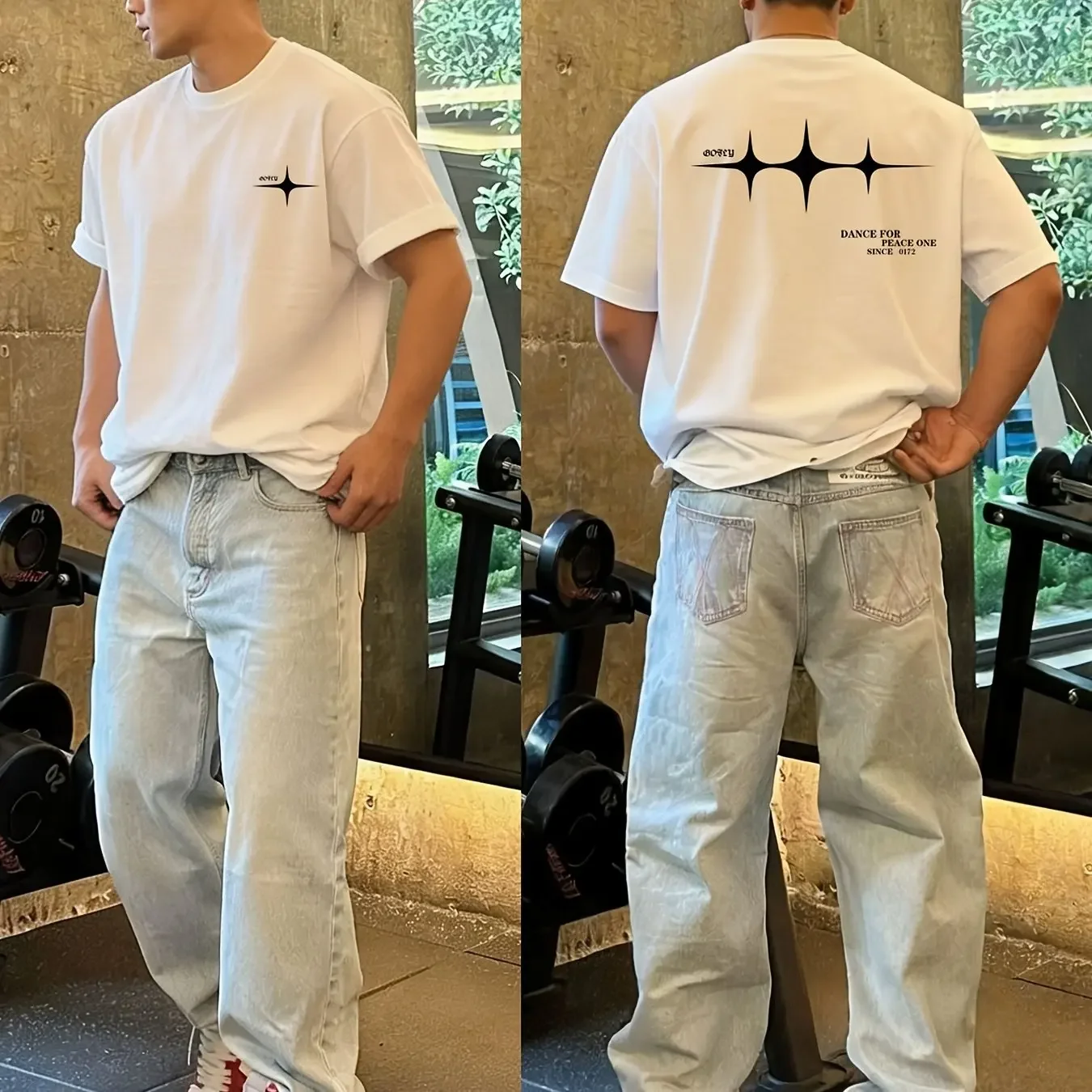 Men's Minimal Four Pointed Star Oversized T Shirt Double Sided Print 100% Cotton Casual Streetwear Summer Top