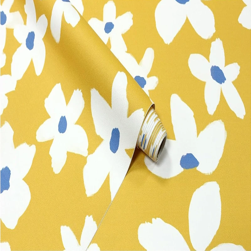 Yellow White Blue Floral Peel and Stick Wallpaper Removable Self Adhesive Textured Contact Paper for Bedroom Bathroom Home Decor