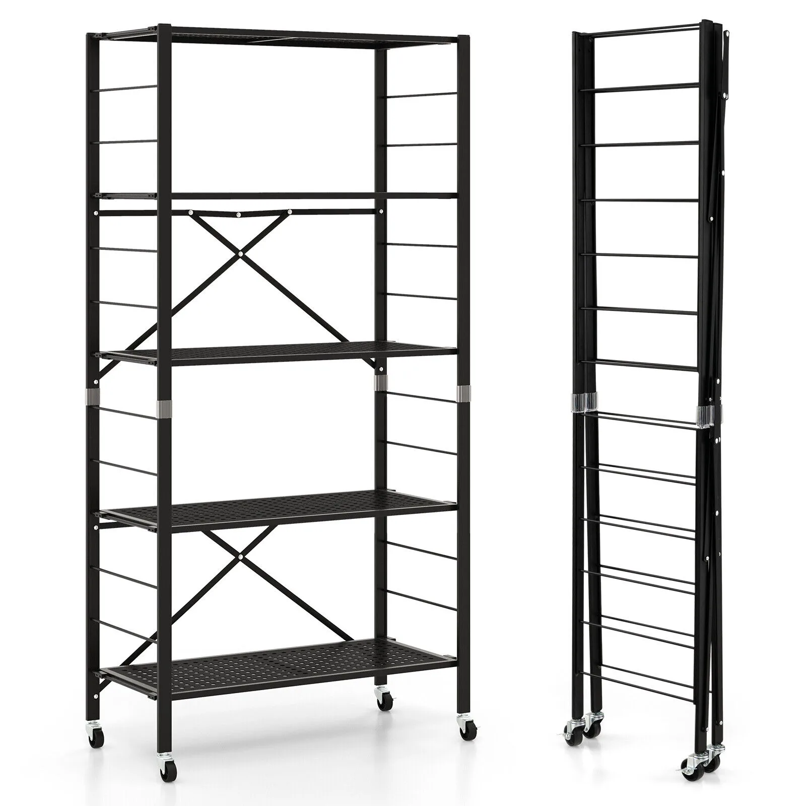 

US Foldable 5-Tier Storage Shelves Adjustable Collapsible Organizer Rack w/ Wheels