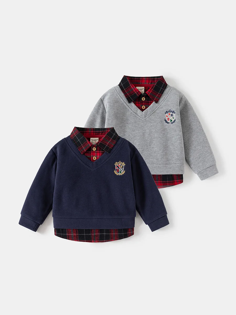 2026 Frühling Kinderkleidung Hoodie Jungen Preppy-Stil Fake-Zweiteiler Sweatshirt Karierter Kragen Langarm Besticktes Jungen-Oberteil – Detail 12