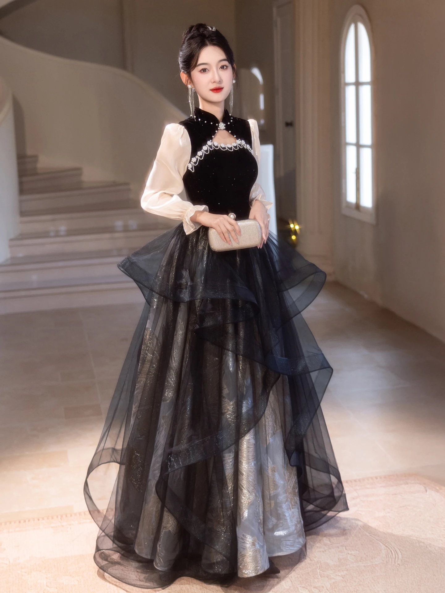 

Элегантное вечернее платье с длинными рукавами для женщин: модное, роскошное, для балов, торжеств и новогодних вечеринок, высококачественное, для взрослых.