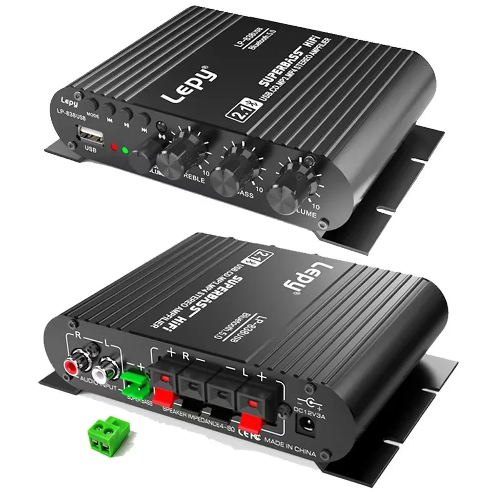 With 12V3A Power+Audio Cable Lepy LP-838 MINI Digital Hi-Fi Car Power Amplifier 2.1CH Digital Subwoofer Stereo BASS Audio Player