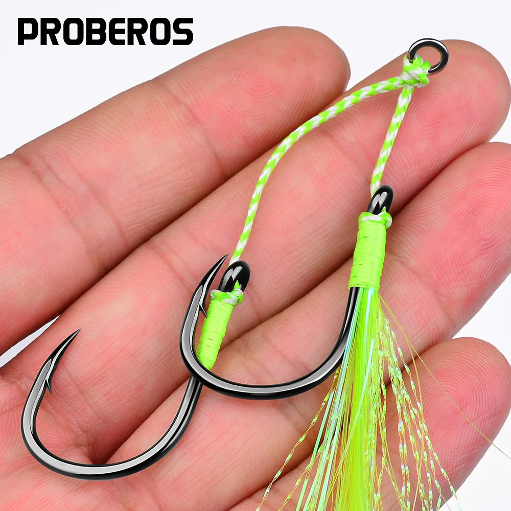 PROBEROS 5pcs Luminous with tassel Fishing Hook,Double Hooks With Line for Saltwater and Freshwater Fishing,Fishing Accessories