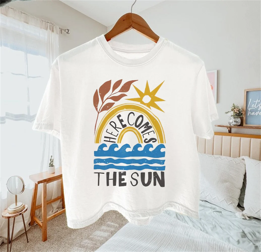 

Вот и солнце с принтом мультфильма, модная женская стильная футболка 90-х годов с короткими рукавами для путешествий, пляжного отдыха, летняя белая футболка