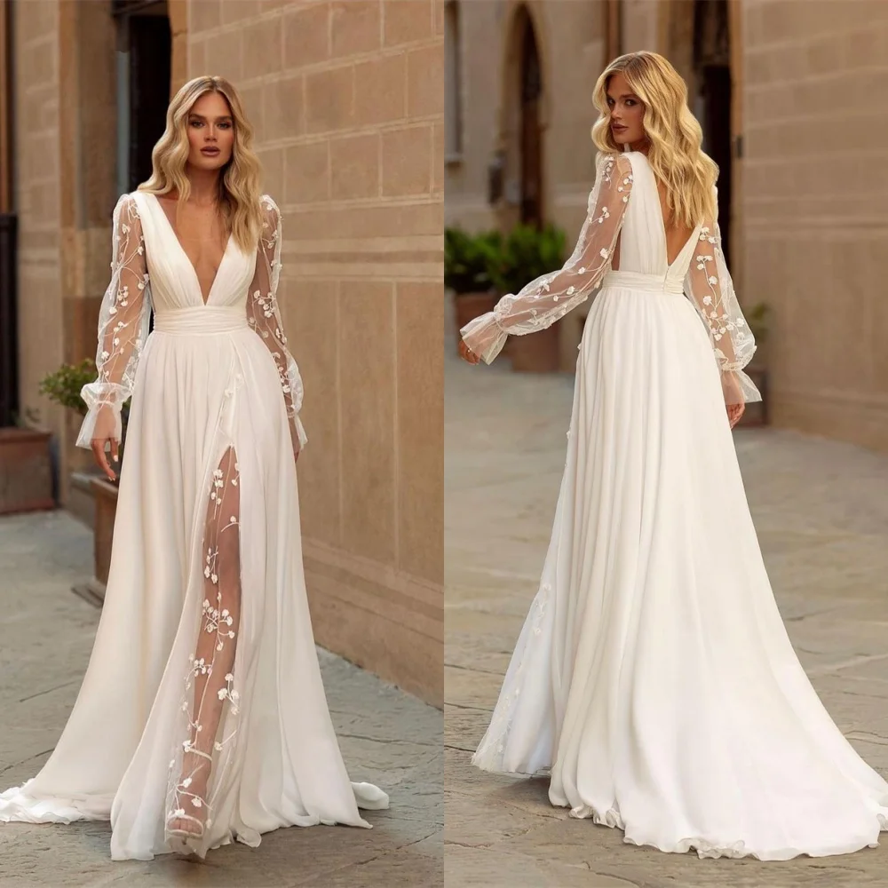 

Customized White Jersey Bridal Gowns Temperament V-neck Long Sleeves Appliques Wedding Dresses Chapel Train Zipper Back Dress