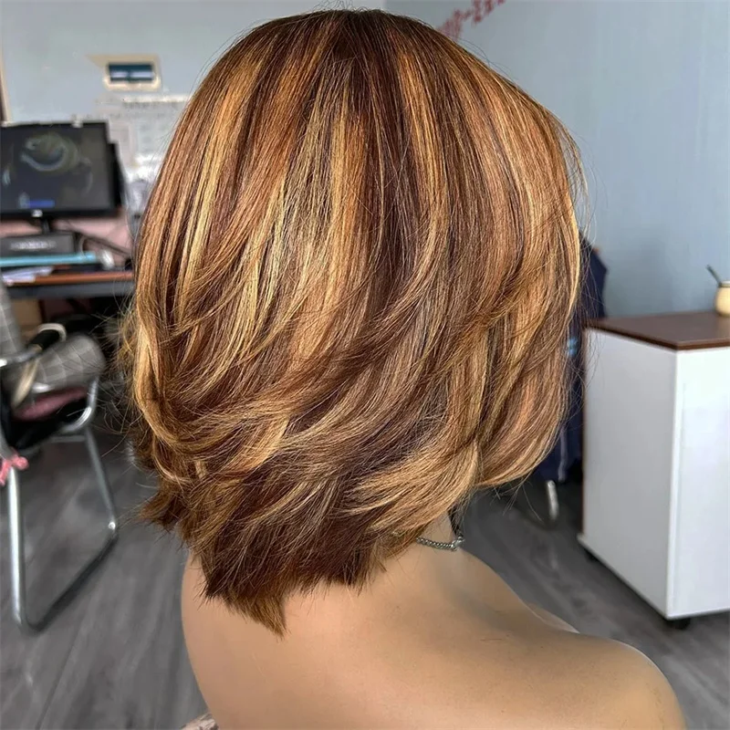 Highlight Short Bob Wigs with Bangs 13x4 Lace Front Human Hair for Woman Glueless Pre-plucked Natural Straight Lace Wig