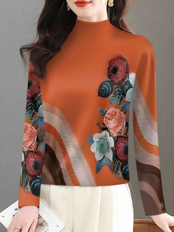 

Fashionable Mommy Style Long Sleeve Fleece Lined Thickened Printed Base Shirt Women's Semi High Collar Trendy Midlife Top
