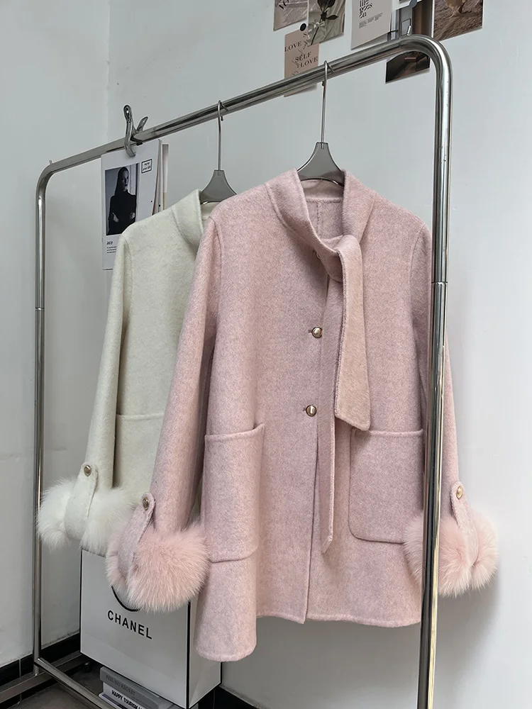 

Зимнее шерстяное пальто 2025 года, женская куртка с манжетами из натурального лисьего меха, теплая верхняя одежда с поясом, уличная куртка