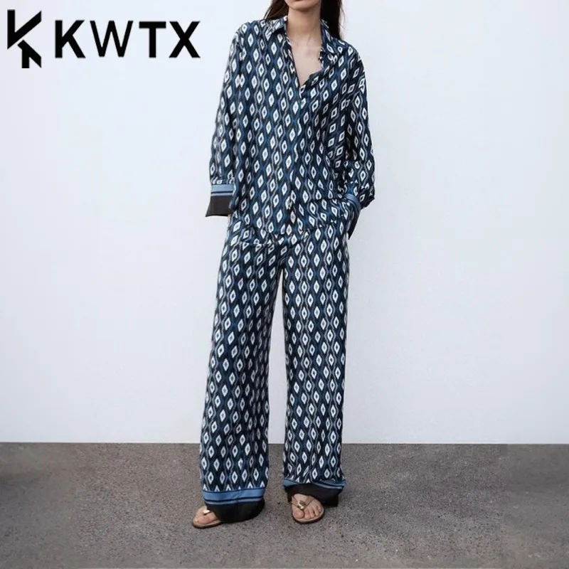 

KWTX 2025 Spring Women’s Two Piece Set Plaid Print Shirt & New Pants Single Btn Elegant High Quality Spring Summer Lounge Set