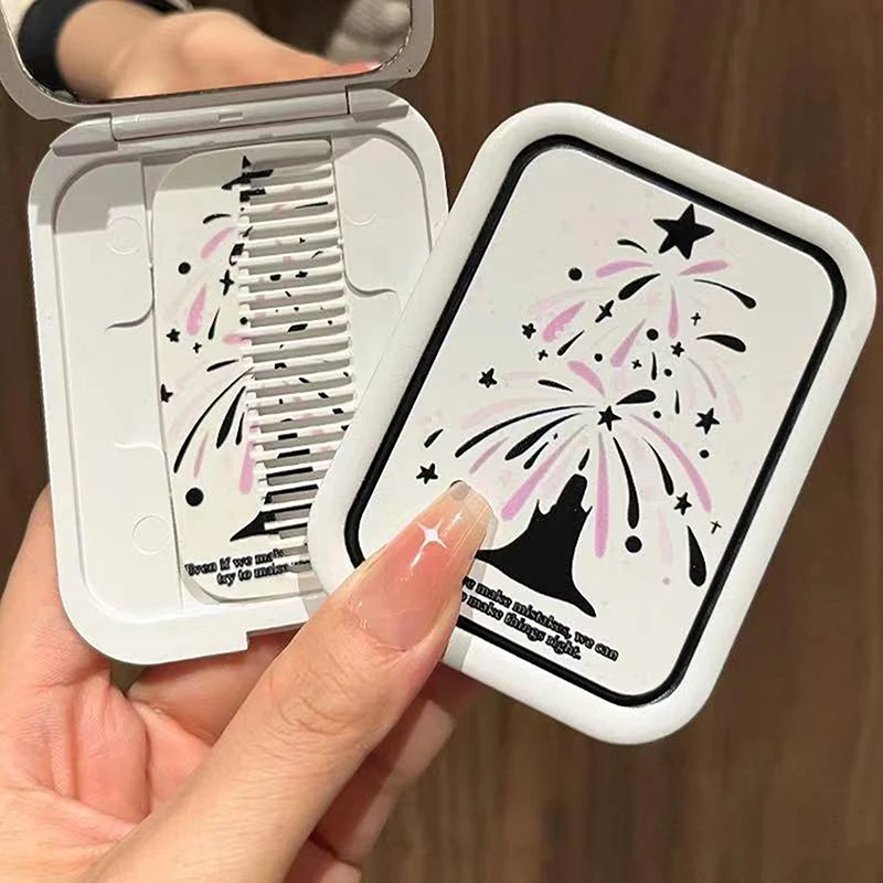 Padrão de fogos de artifício dos desenhos animados flip-top dobrável espelho de maquiagem portátil espelho de bolso retângulo espelho cosmético com pente para mulher