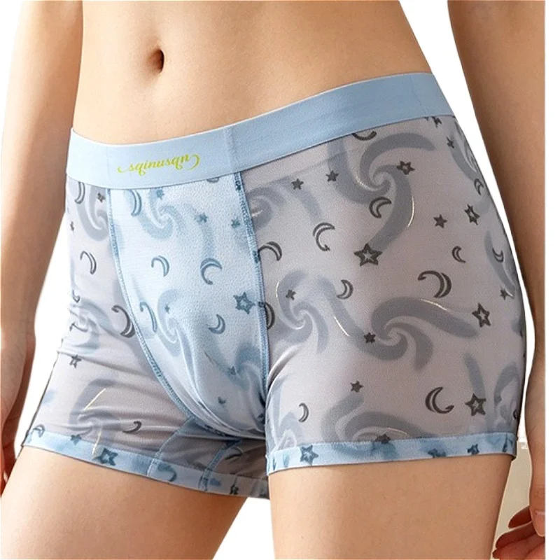 Summer Boxers Sexy Mens U Pouch Underwear Ice Silk Star Moon Printed Mesh Boxershorts Men Flat Panties Thin Male Swimming Trunks