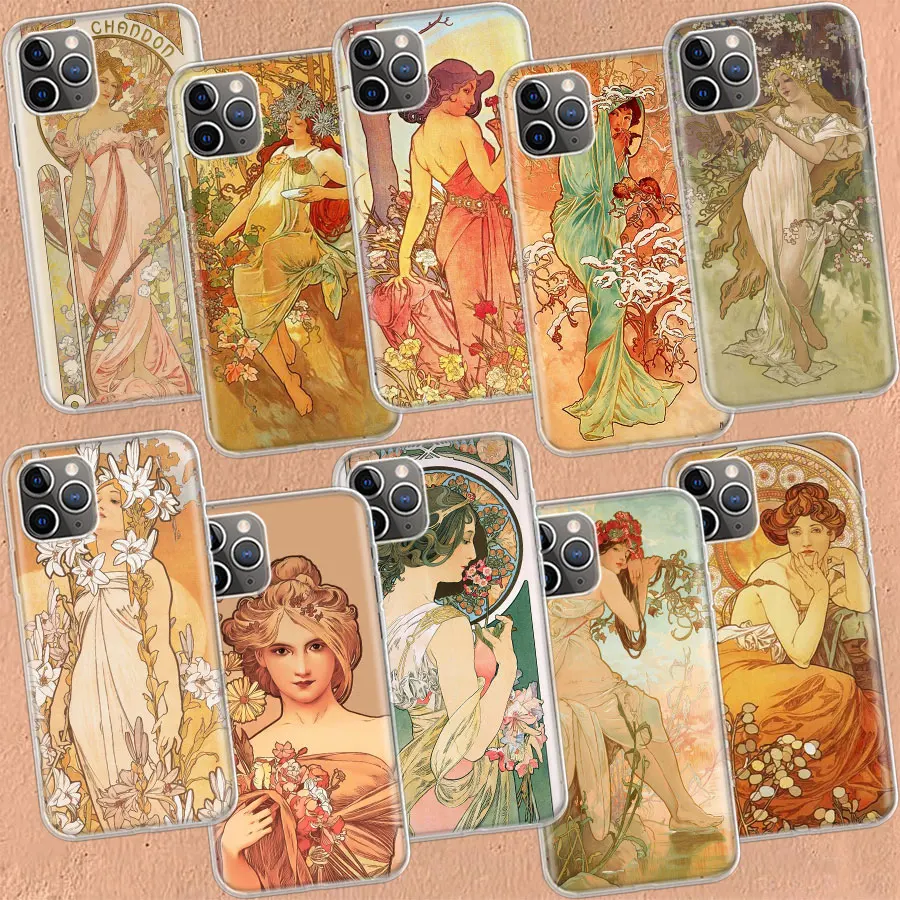 Alfons Mucha Primavera Clear Case For iPhone 11 13 14 Pro 15 Pro Max 12 Mini 16 XR X XS Max 7 8 Plus Funda Clear Soft