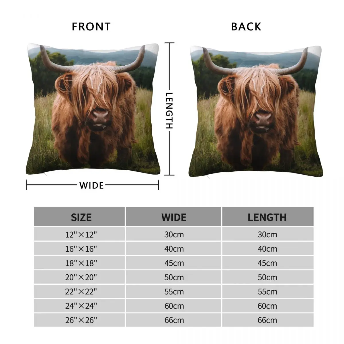 Wooly Cow Scottish Highland Cattle Square Pillowcase Polyester Linen Velvet Printed Zip Pillow Case Sofa Seater Cushion Cover