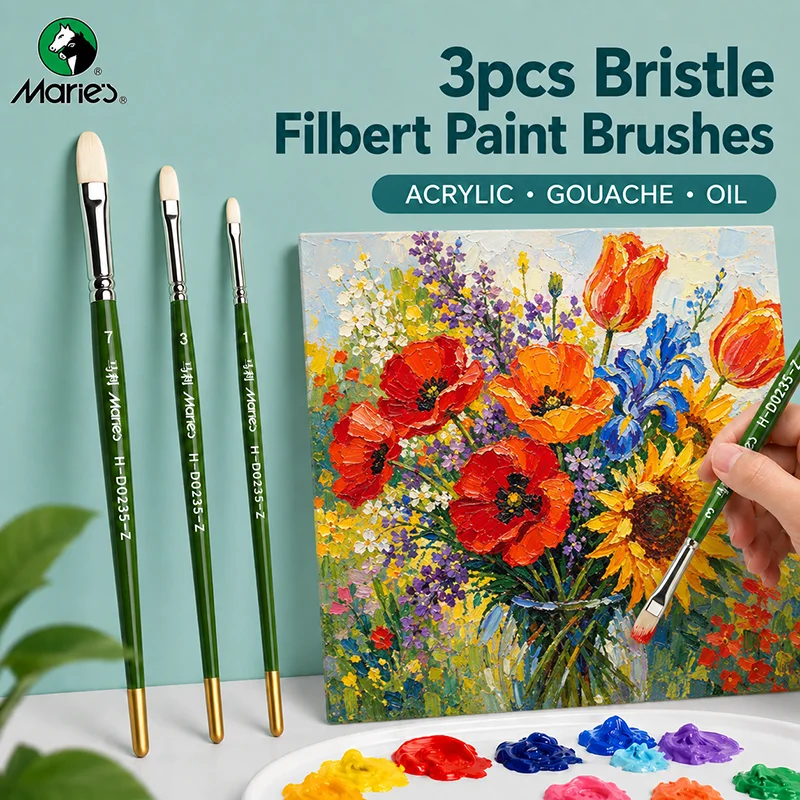 3pcs Marie's Artist Acrylic Paint Brushes Set, Professional Quality Bristles for Oil, Acrylic & Gouache Painting, Back-to-school