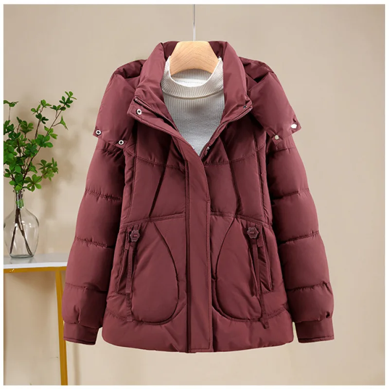 Women Short Oversize Parkas Coats Hooded Jacket Solid Long Sleeve Turn Down Collar Zipper Looose Thick Office Lady 2025 Winter