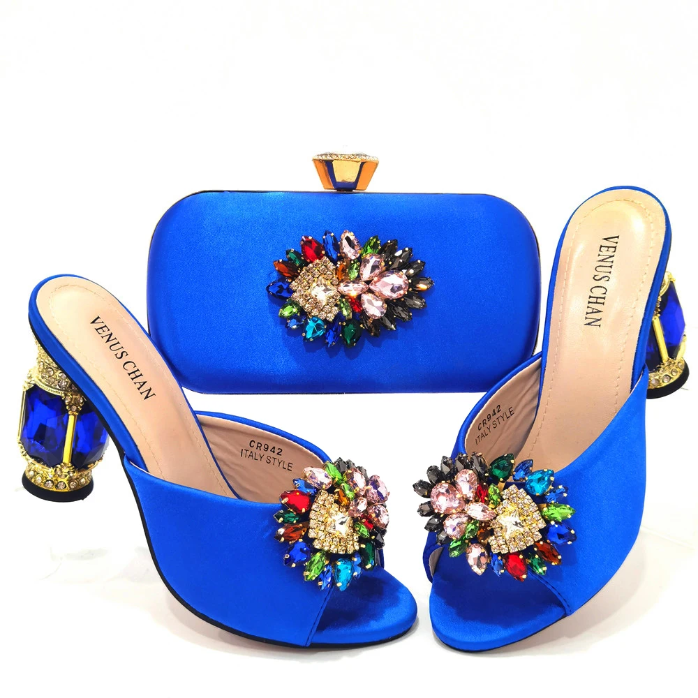 

Doershownew Italian blue Shoes And Bag Sets For Evening Party With Stones Italian Leather Handbags Match Bags! HSD1-35