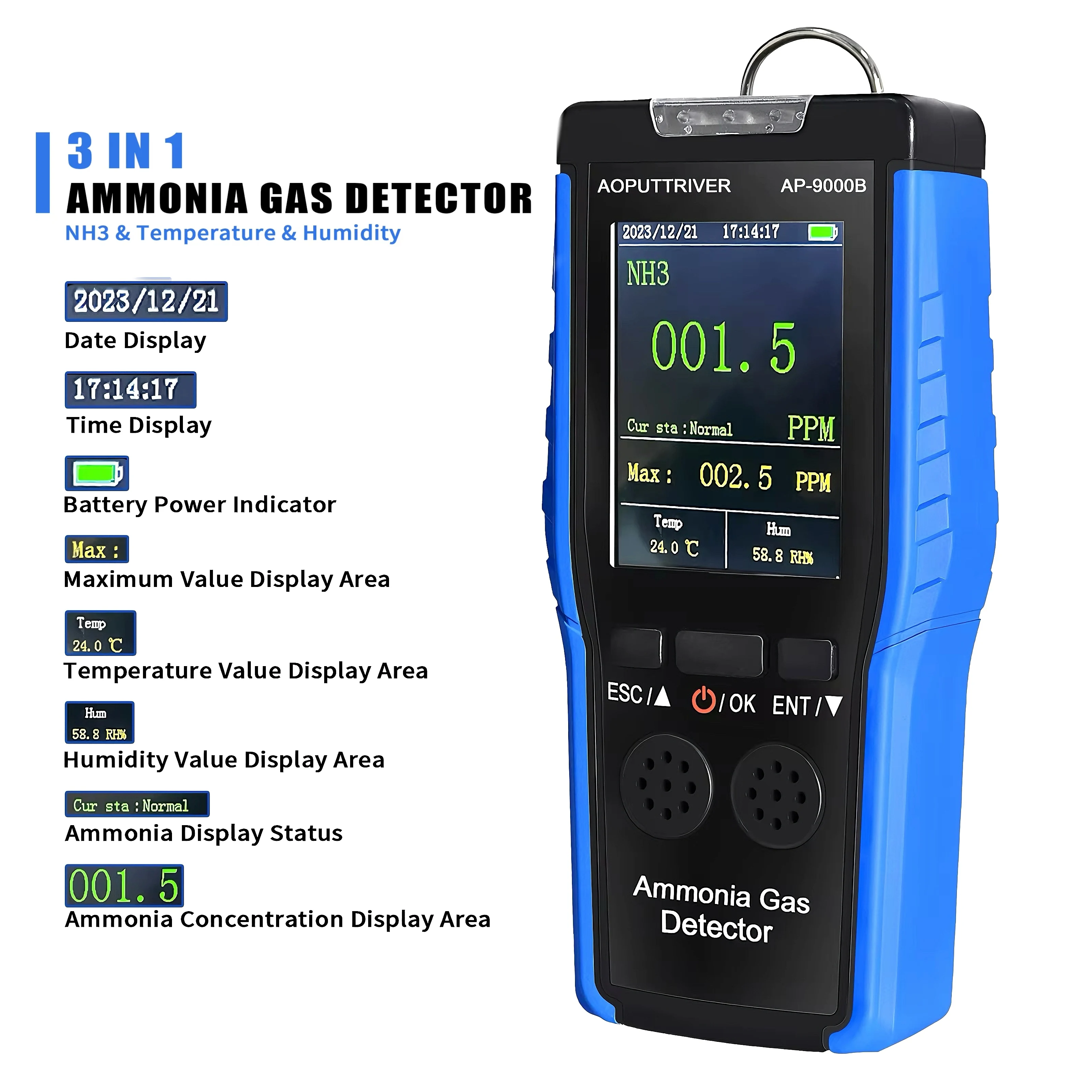 

3-in-1 Ammonia Gas Detector 0-100 PPM Rechargeable NH3 Monitor with Digital Display Temperature Humidity Tester Dual Alarm