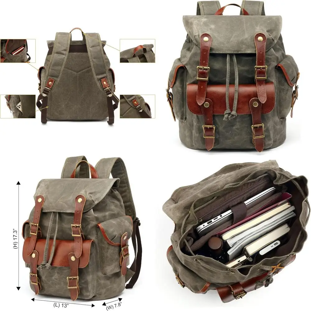 

Винтажный холщовый рюкзак с кожаными вставками – в стиле милитари, подходит для путешествий, походов, школы и колледжа – цвет армейский зеленый