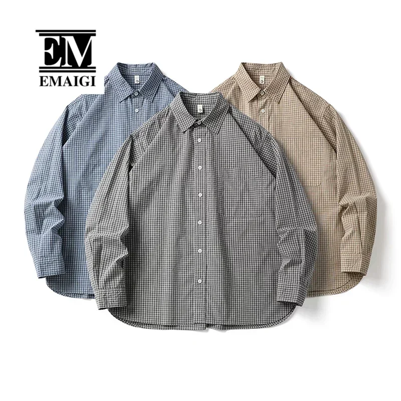 Men Long Sleeve Loose Casual Vintage Washed Plaid Cargo Shirts Cityboy Streetwear Fashion Oversized Shirts Women Blouses