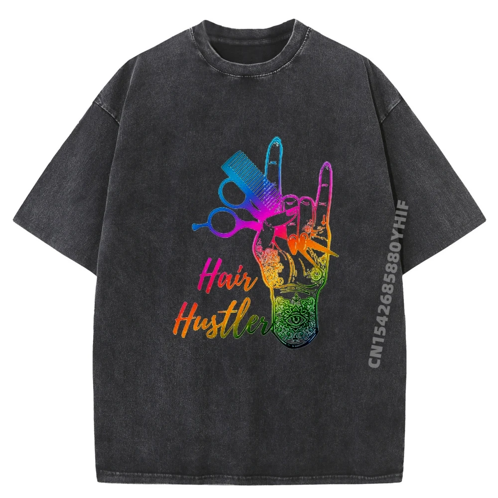 

Hair Hustler Tie Dye Hair Stylist Hairdresser Barber Retro Fall Clothes Aesthetic T Shirt Men Retro Washed T-shirts