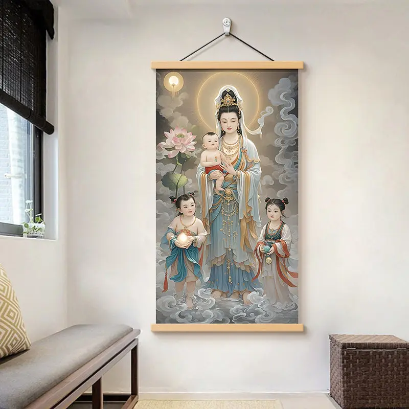 Kawaii Room Decor: Guanyin with Child Wall Art Scroll– Zen Aesthetic Buddhist Poster for Yoga Studio