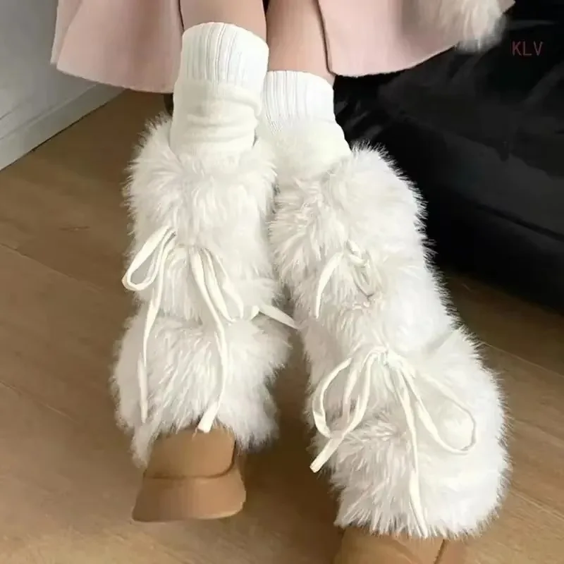 2024 JK Girls Boot Cuffs Leg Warmers Women Winter Warm Harajuku Sweet Ribbon Bowknot Furry Plush White Boot Cover Long Socks