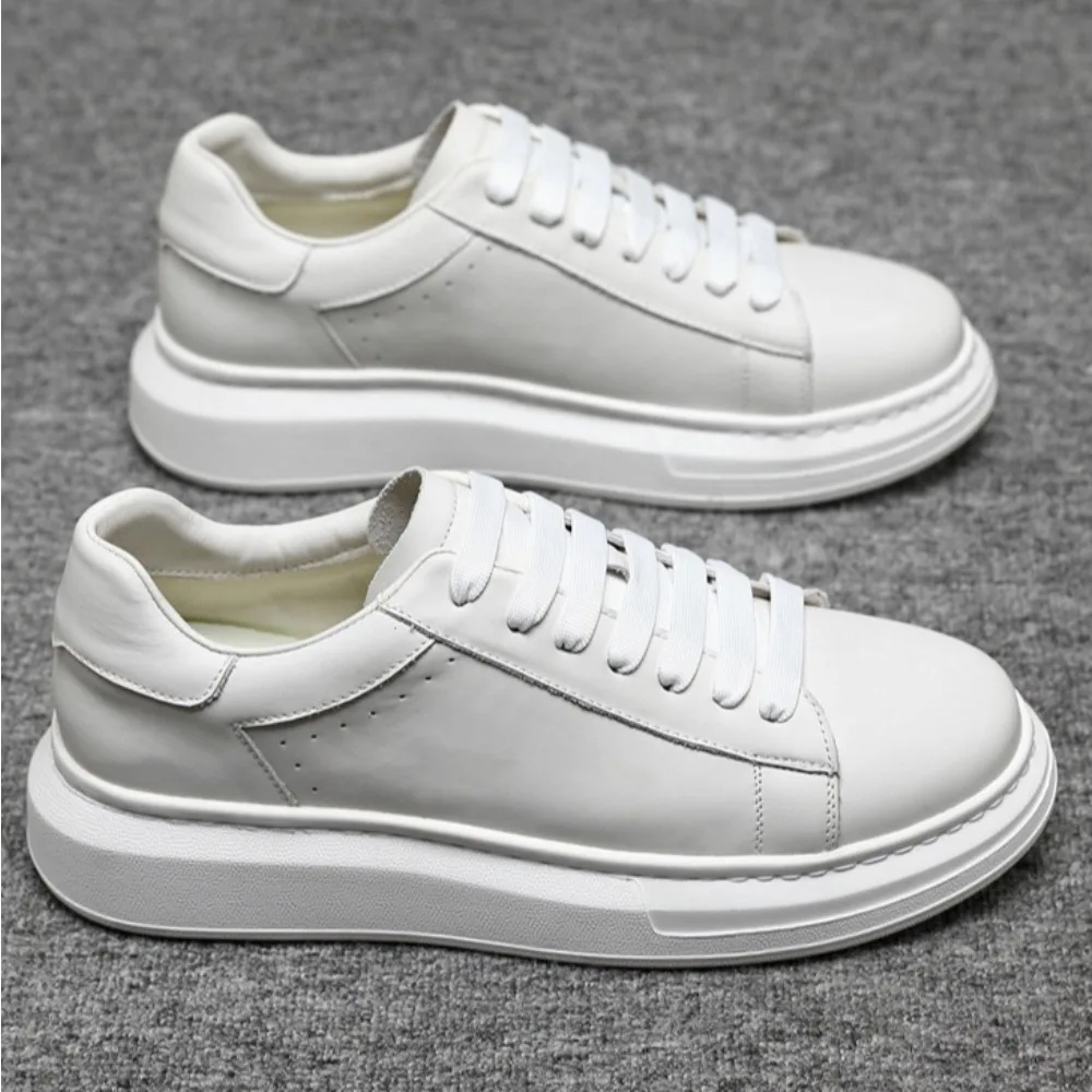 

Leather Casual Shoes Men's Spring and Autumn First-layer Cowhide Flat-heeled Sneakers Men's Thick-soled Sports Board Shoes Men