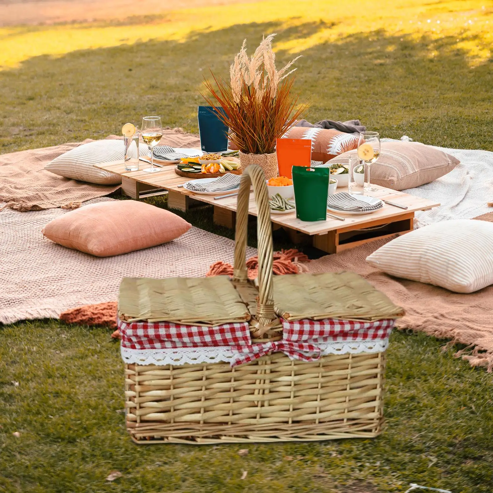 Picnic Basket Wicker Woven Basket for Hiking Decoration for Camping view 2
