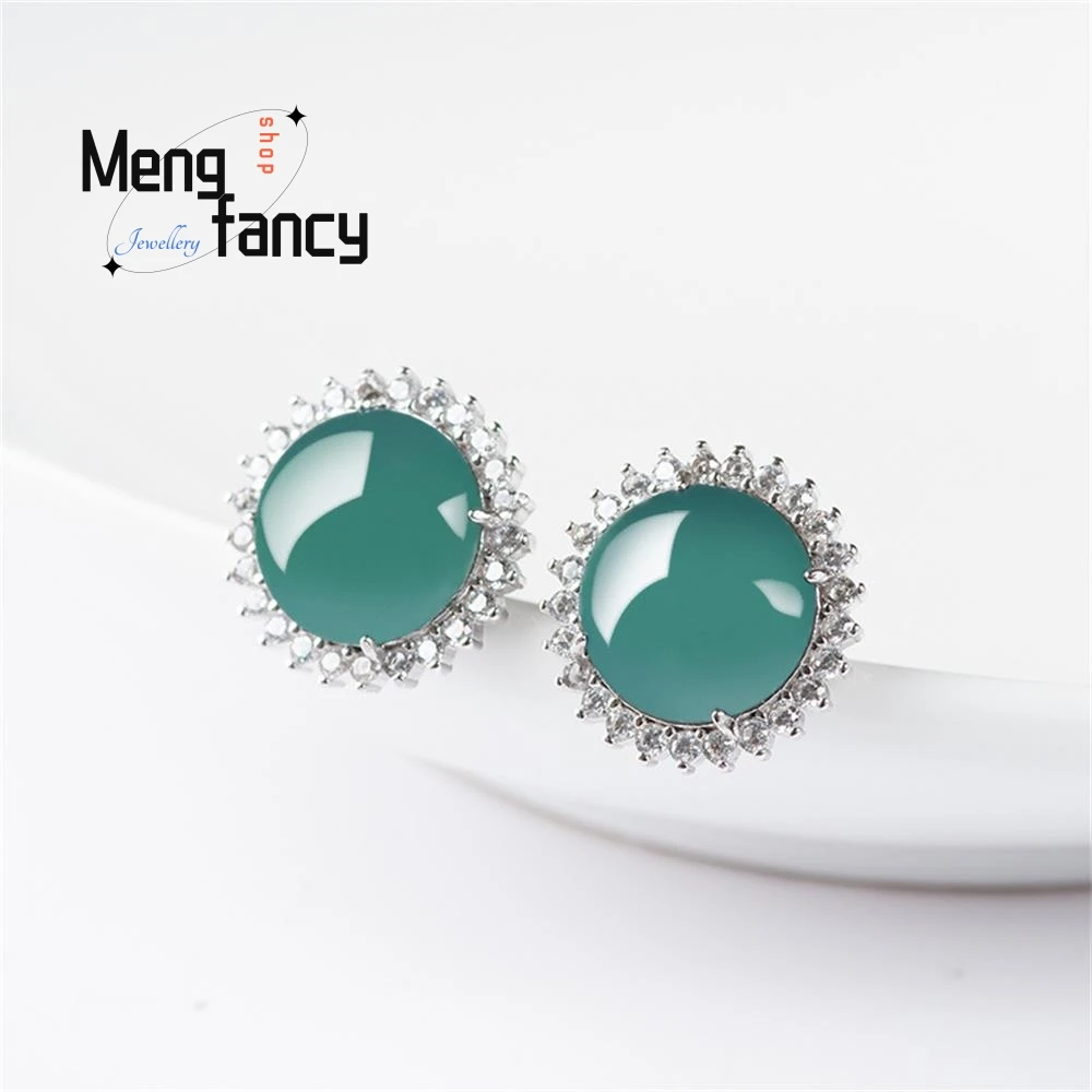 

S925 Silver Inlaid Natural A-goods Jadeite Blue Water Earrings High-Grade Fashion Female Models Exquisite Elegant Luxury Jewelry