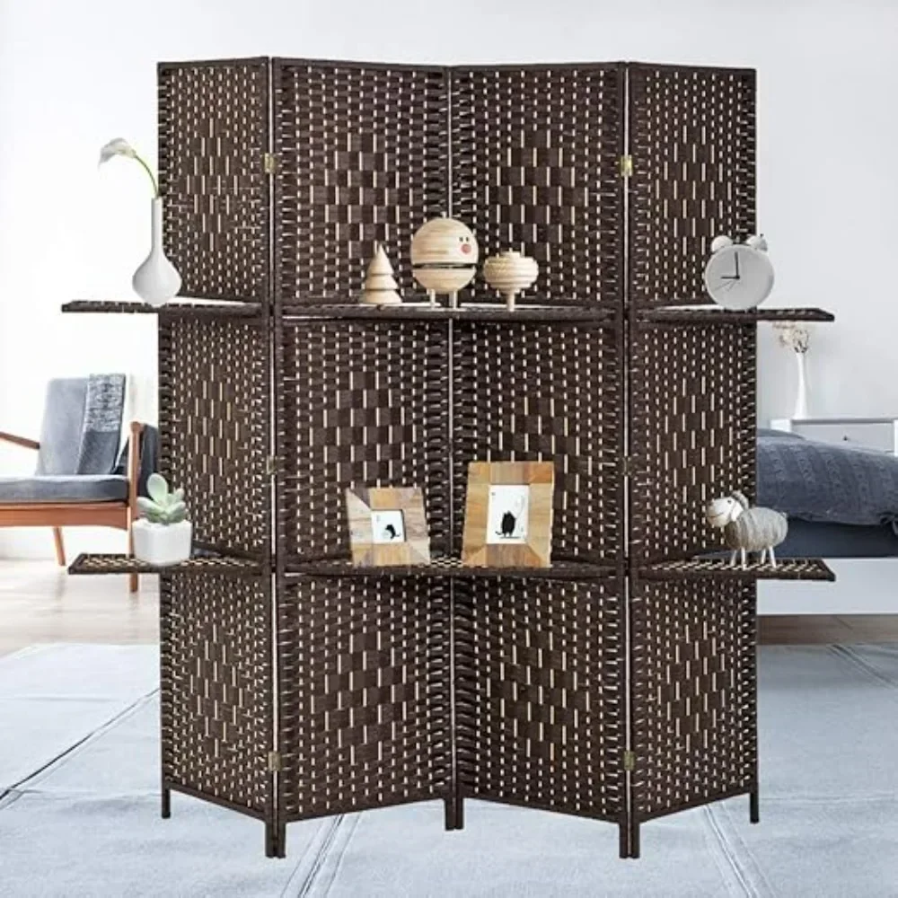 

6 Ft Wood 4-Panel Room Divider and Folding Privacy Screen with 2 Tier Display Shelves, Decorative Screen Freestanding , Brown