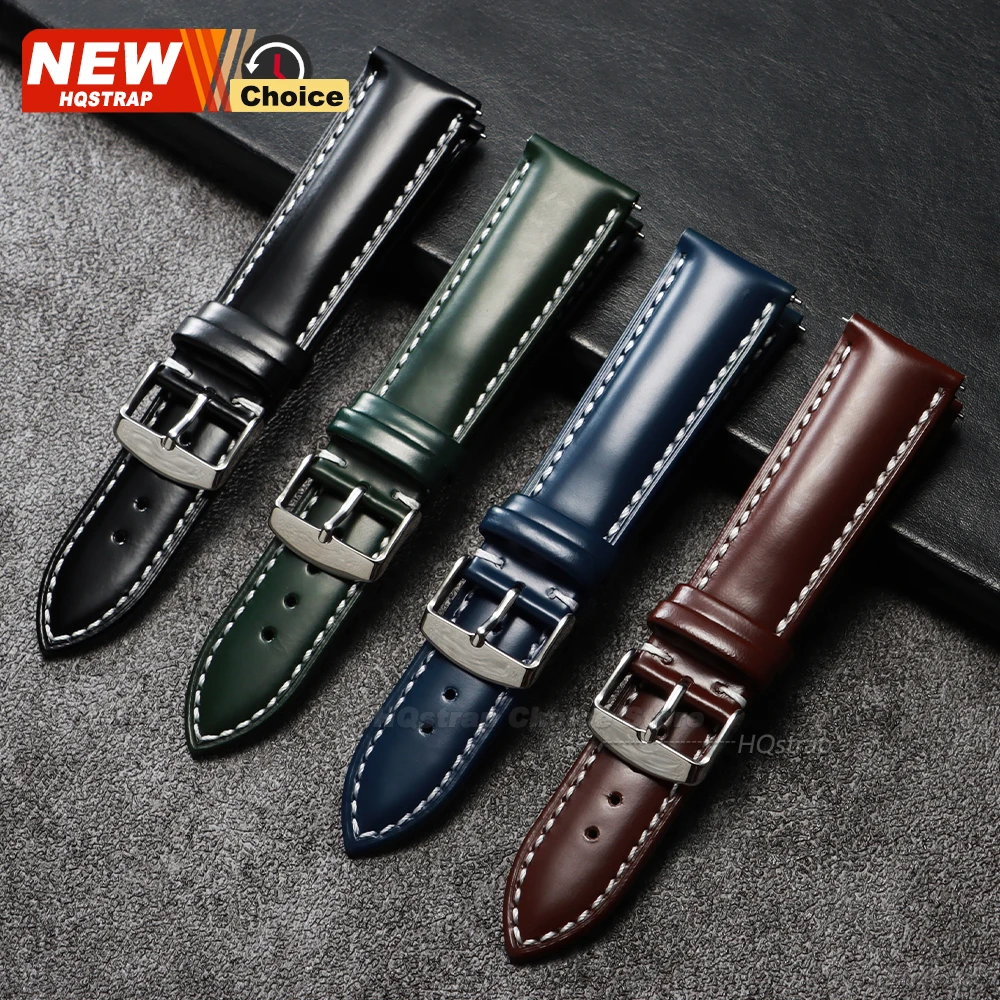 New Oil-glossy Stitching Leather Watchband Soft Band Wrist Strap 20mm 22mm Quick Release Bracelet Women Men Waterproof Wristband image 2