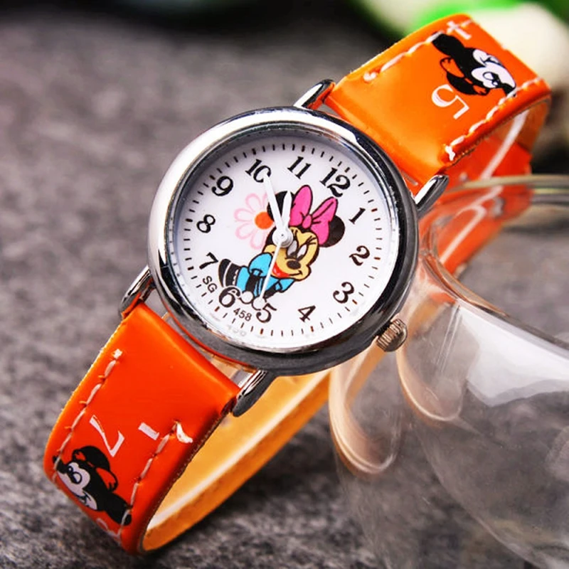 Disney Cartoon Watch Kids Mickey Mouse Watches Anime Figrues Children Boys Girls Pu Leather Quartz Wristwatch Clock Toys Gift