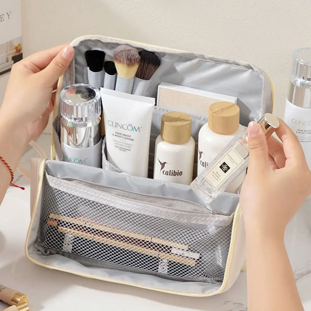PU Vertical Makeup Bag Standable Large Capacity Skincare Storage Bag Waterproof Multifunctional Makeup Brush Storage Pocket