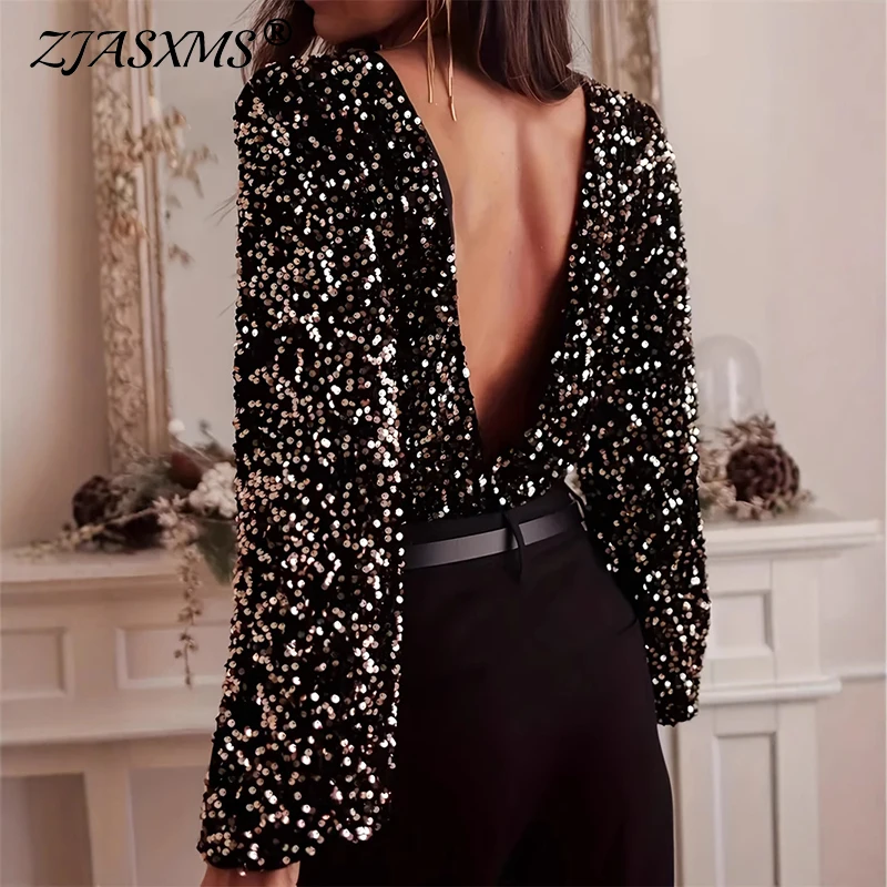 Spring Sexy Shiny Sequin Bodysuits Women V-neck Backless Hollow One Piece Romper Jumpsuit New Fall Long Sleeve Tube Top Playsuit