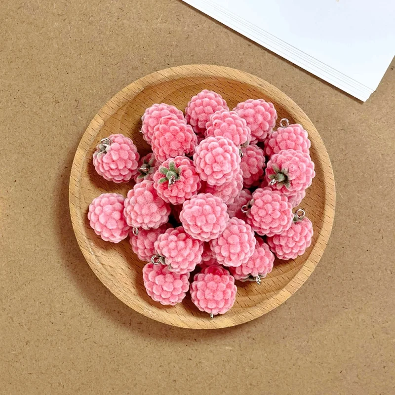 6/12/30/50pcs 3D Flocked Pink Raspberry Charms Fluffy Cute Fruit Resin Pendant for Earring Bracelet Keychain DIY Jewelry Making