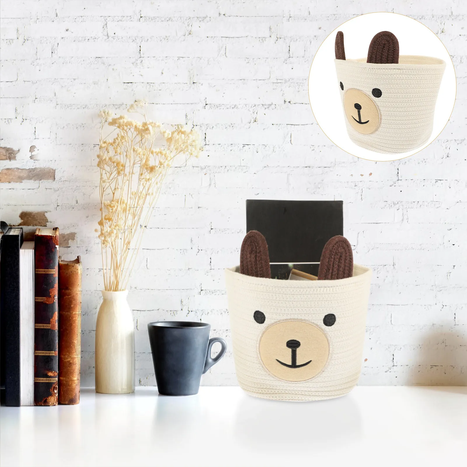 

Woven Cotton Rope Cartoon Bear Storage Basket Desktop Makeup Organizer Sundries Holder Snack Container Home Accessory Decorative