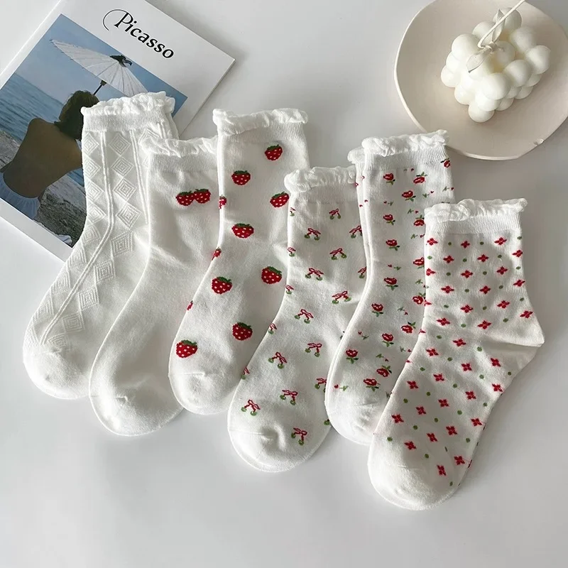 

Japanese Cute Women Socks Red Strawberry Korean Style Flower Crew Sock Kawaii Women Cotton Socks Harajuku Strawberry Rose Socks