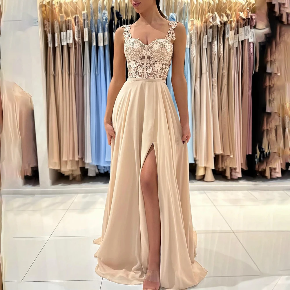 

Popular Two Straps Champange Lace Applique Chiffon A Line Evening Dresses Custom Made Homecoming Bridemaid Dresses