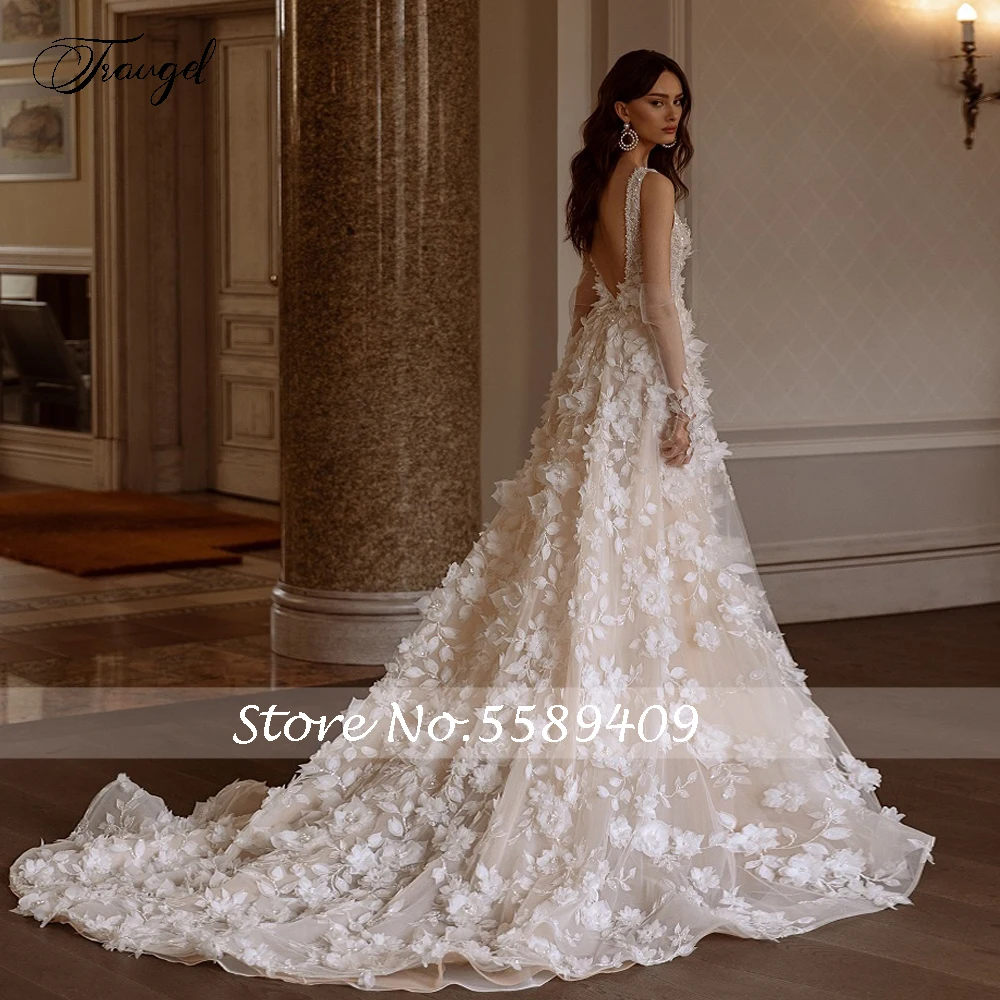 Customized A-Line Romantic Wedding Dresses V-Neck Sleeveless Vestido De Novia Lace Appliques 3D Flowers Classic Robe De Mariee