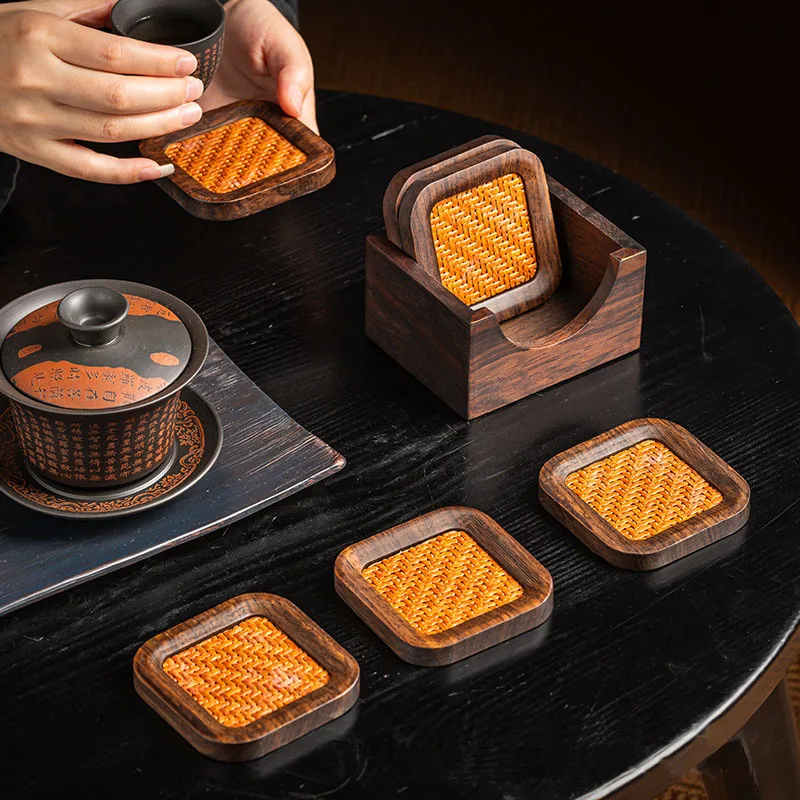 Coaster for Tea Cup, Black Walnut Wood Rattan, Table Mat Pad Heat insulation Antislip, Tray Set, Chinese Kongfu Tea Accessories