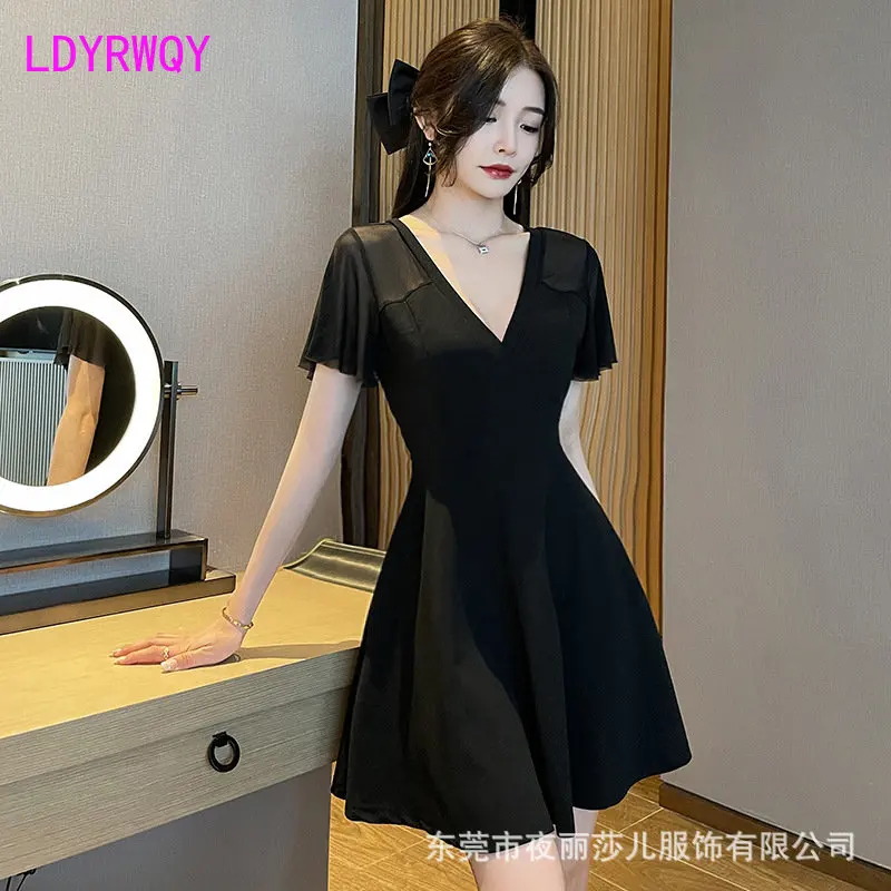 Night Show Women's Fashion Short Sexy Low cut V-neck Slim Fit Show Slim Wrap Hip Style KTV Miss Dress Summer