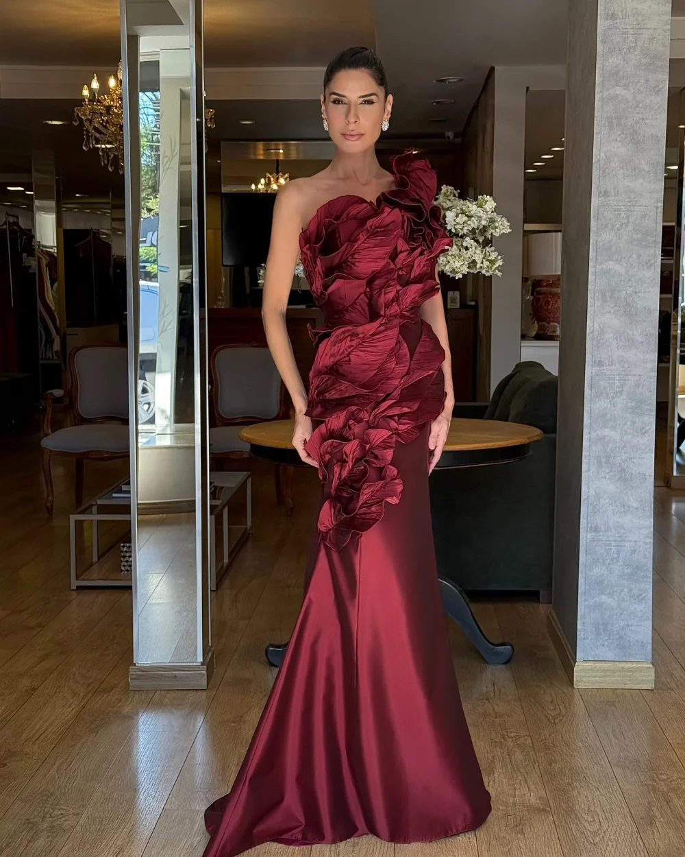 

Customized Burgundy Matching Intricate Pleat Ruched Draped Mermaid One-shoulder Long Dresses Evening Dresses for Woman