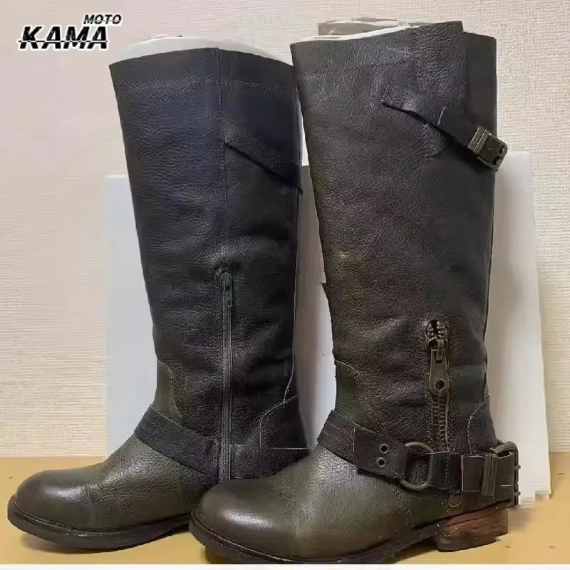 Distressed Handmade Dark Green Wide Tube Genuine Leather Thick Bottom High Tube Boots Chunky Heel Long Boots Knight Boots