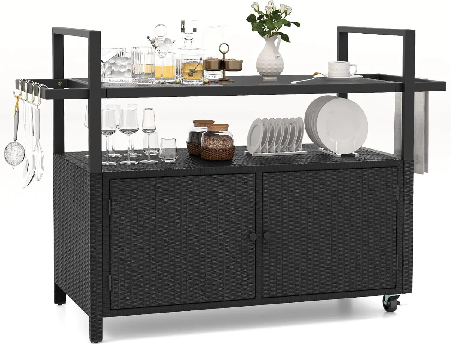 

Outdoor Bar Cart, Patiojoy Rolling Wicker Buffet Serving Cart with Tempered Glass Top, Storage Cabinet & 8 Hooks, Kitchen Island