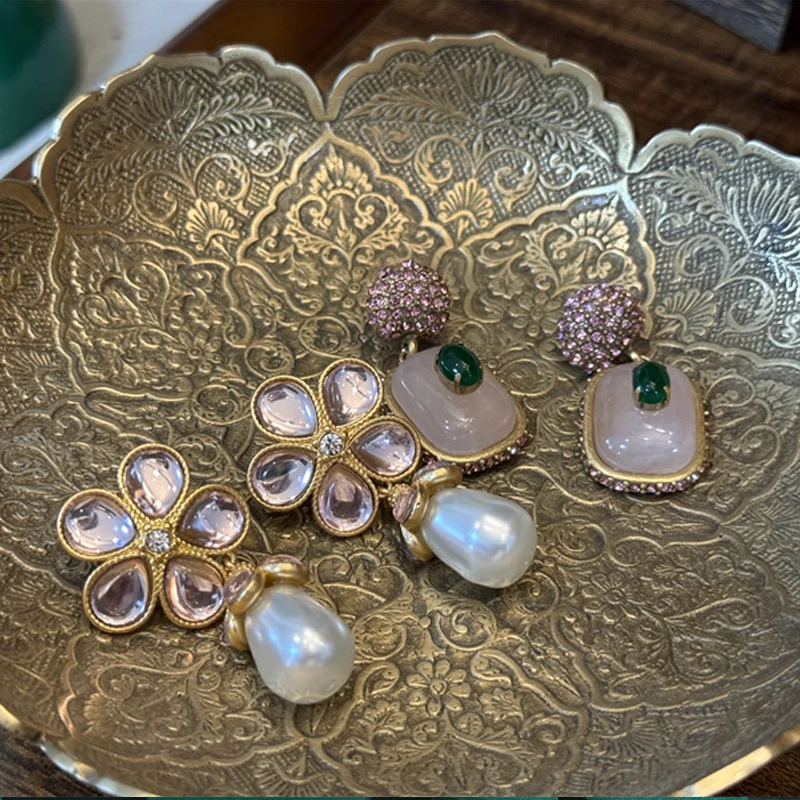 

Vintage Pink Flower Crystal Pearl Drop Earrings Woman Retro Fashion Elegant Luxury Quality Jewelry Wedding Valentine'S Gift New