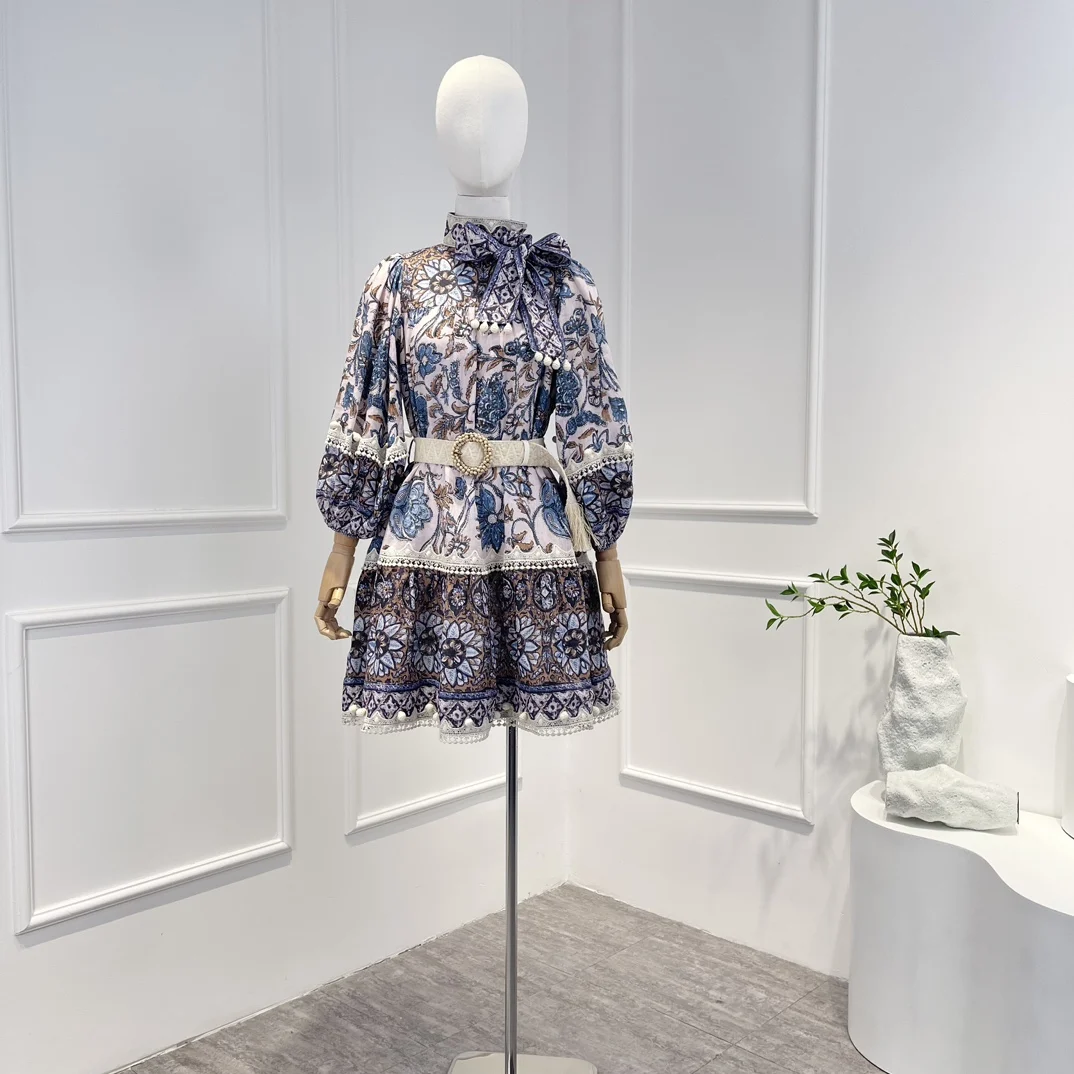 

Botanic Print Half Lantern Sleeve Self Bow Tie At Neck Mini Dress