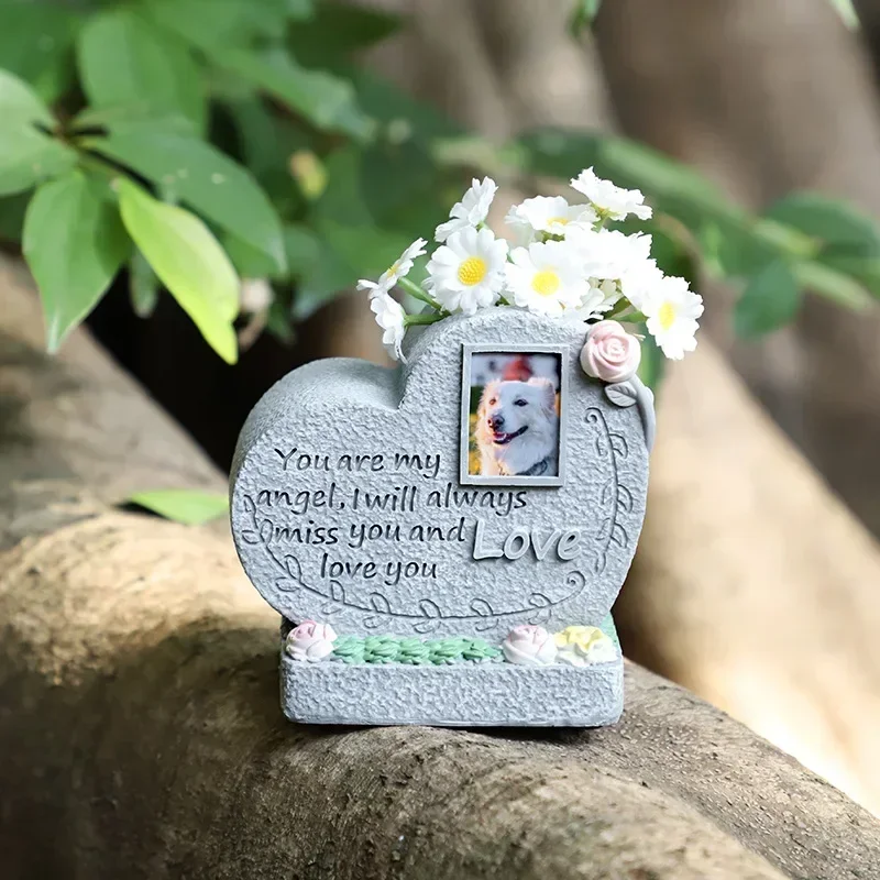 Resin Pet Tombstone Floral Engraved Memorial Plaque  Photo Holder for Cats and Dogs  Fresh Flower Insertable Tribute