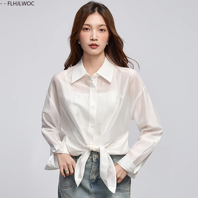 日焼け防止韓国シックなトップス Blusas ホリデーシアーメッシュ薄いセクシーな透明白ロングボーイフレンドシャツ蝶ネクタイ女性ブラウス