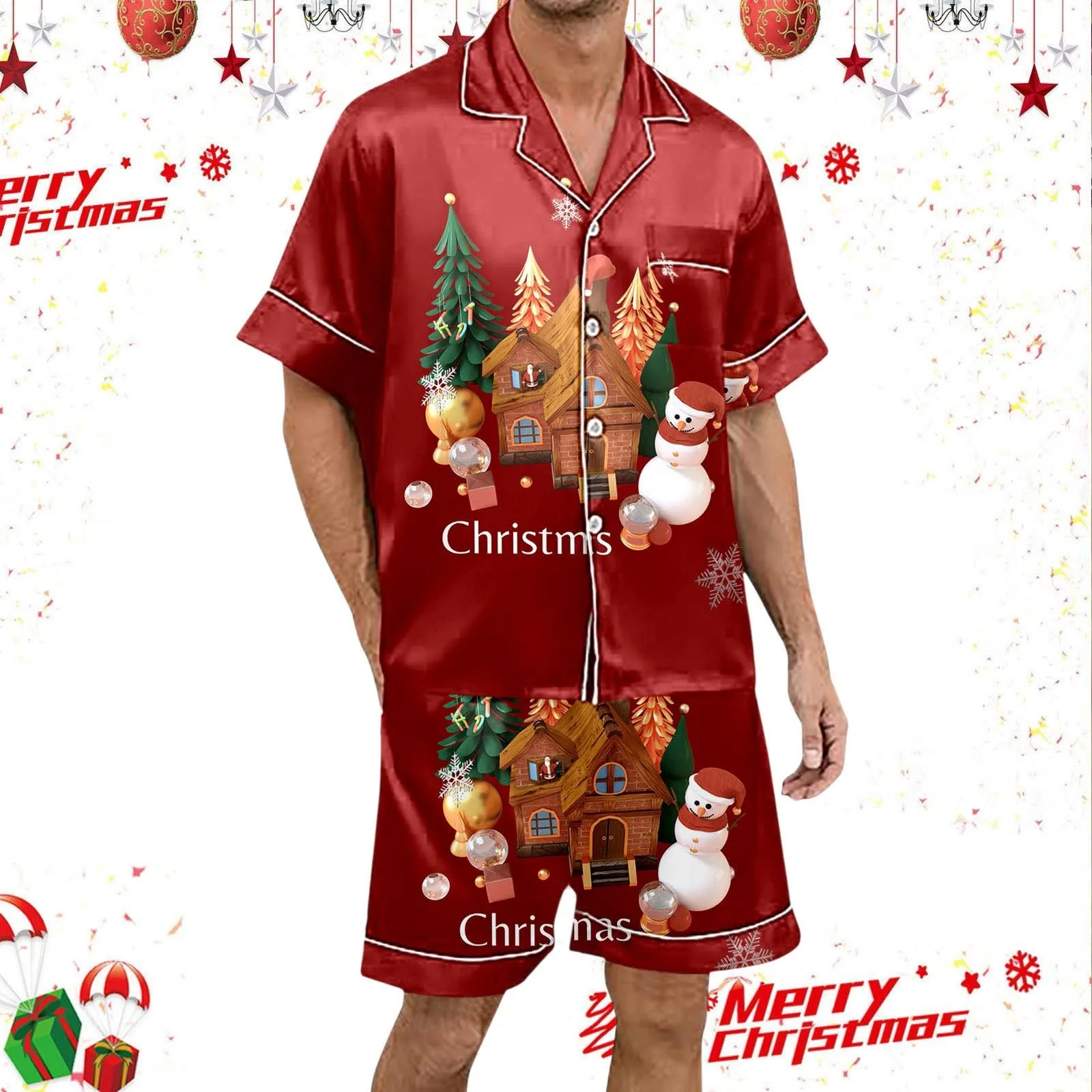 Men\'s Pajamas Lounge Set Christmas Print Silk Satin Sleepwear Button Down Short Sleeve Top & Shorts Pyjama Xmas Home Clothing