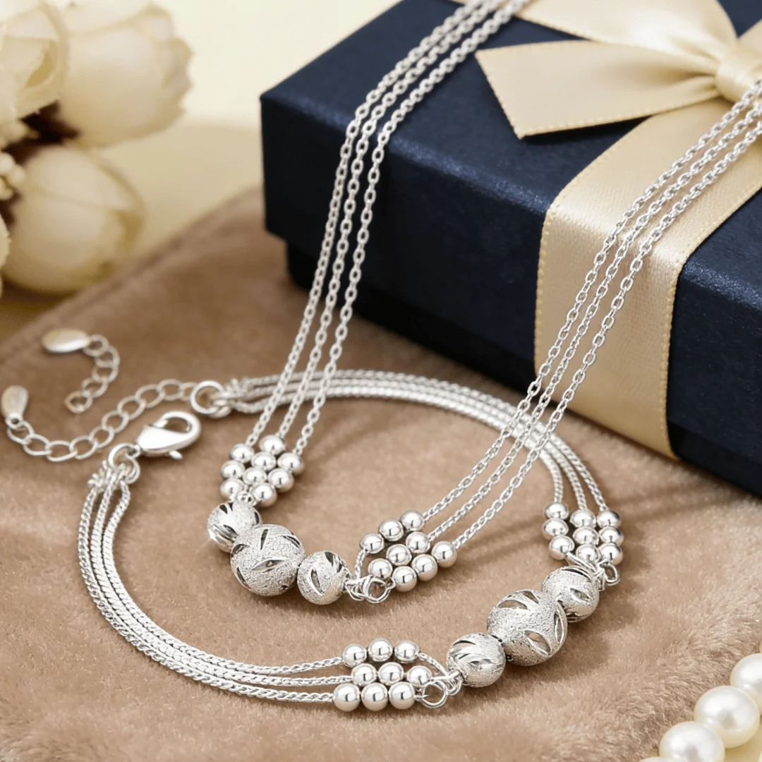 Fashion kpop 925 Sterling Silver custom lucky beads Necklace Bracelet for Women Costume Jewelry set party wedding Birthday gifts